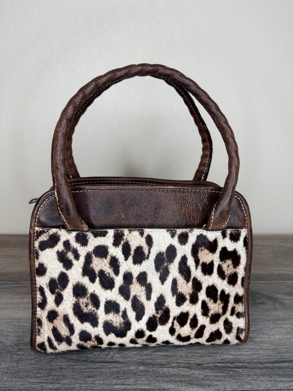 Patricia Nash Brown Distressed Leather Calf Hair Leopard Print Top-Handle Bag
